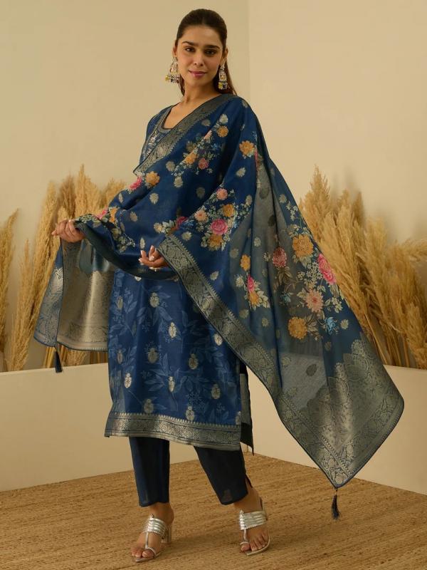 VP 9727 T Silk Blend Embroidered Straight Kurta Set with Trousers & Dupatta